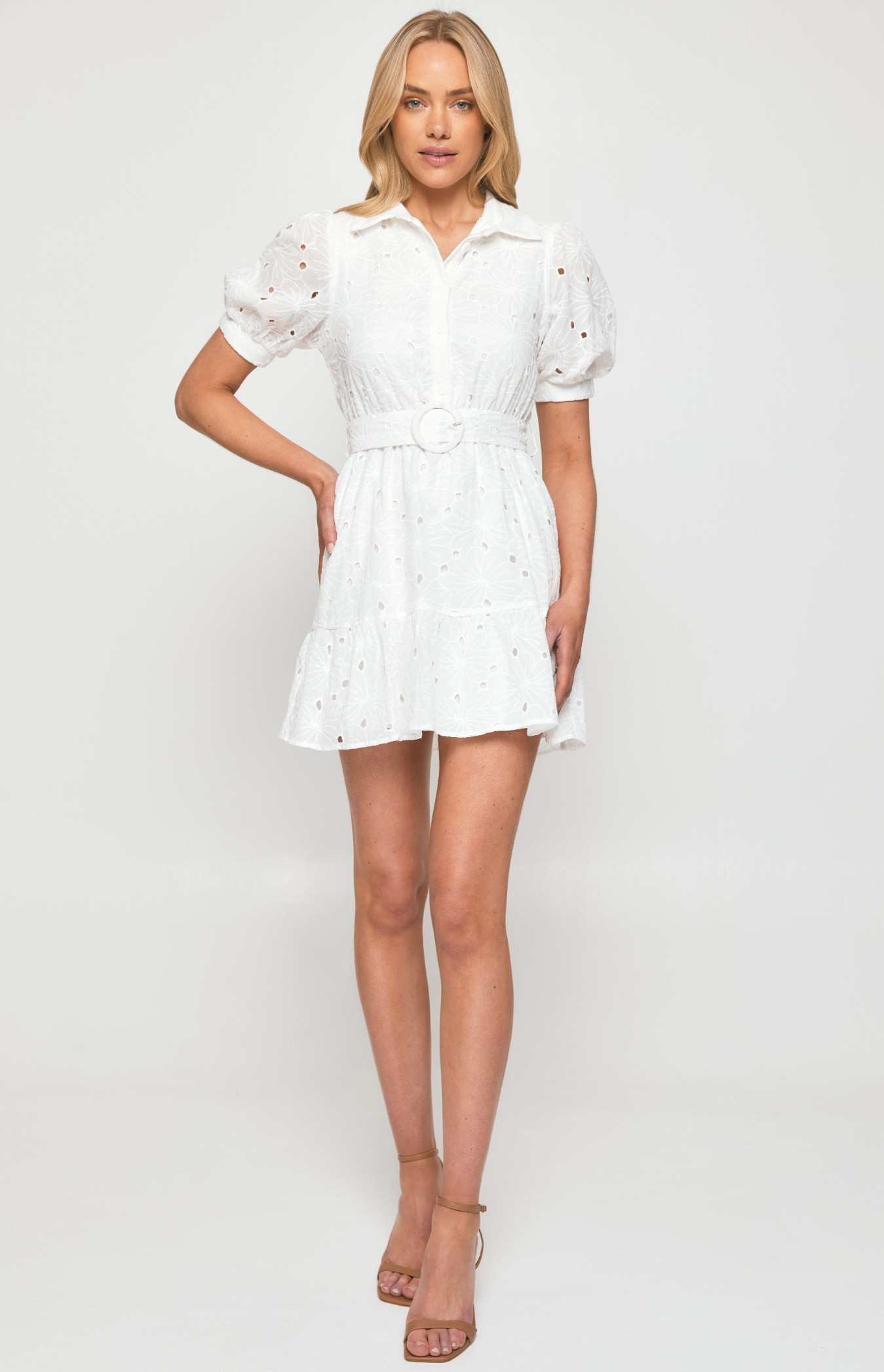 Cotton Embroidery Shirt Dress with Self Fabric Buckle (SDR1281B)